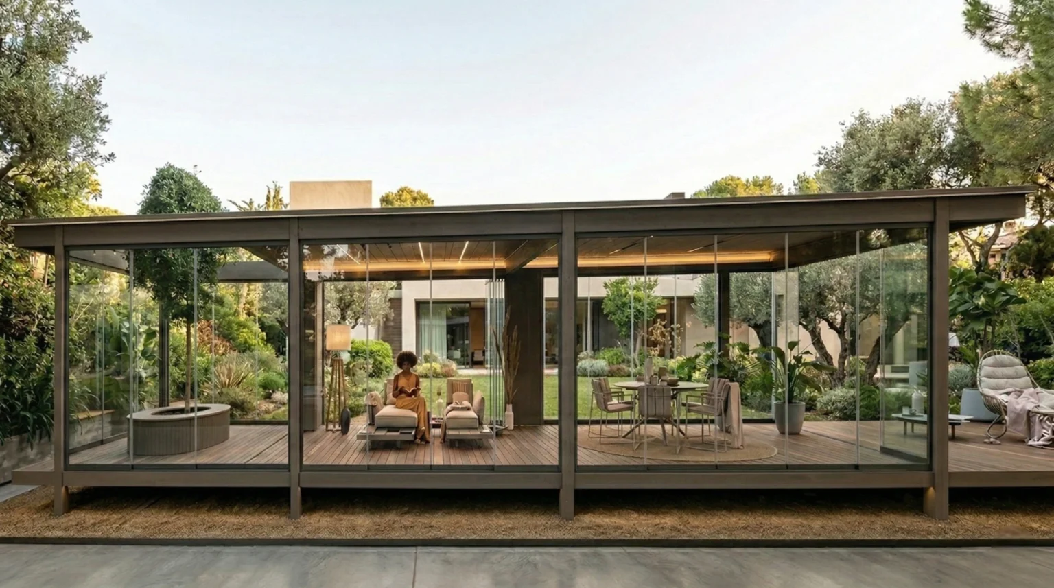 Cerramiento de terraza con cortinas de cristal sin perfiles verticales en chalet de Boadilla del Monte